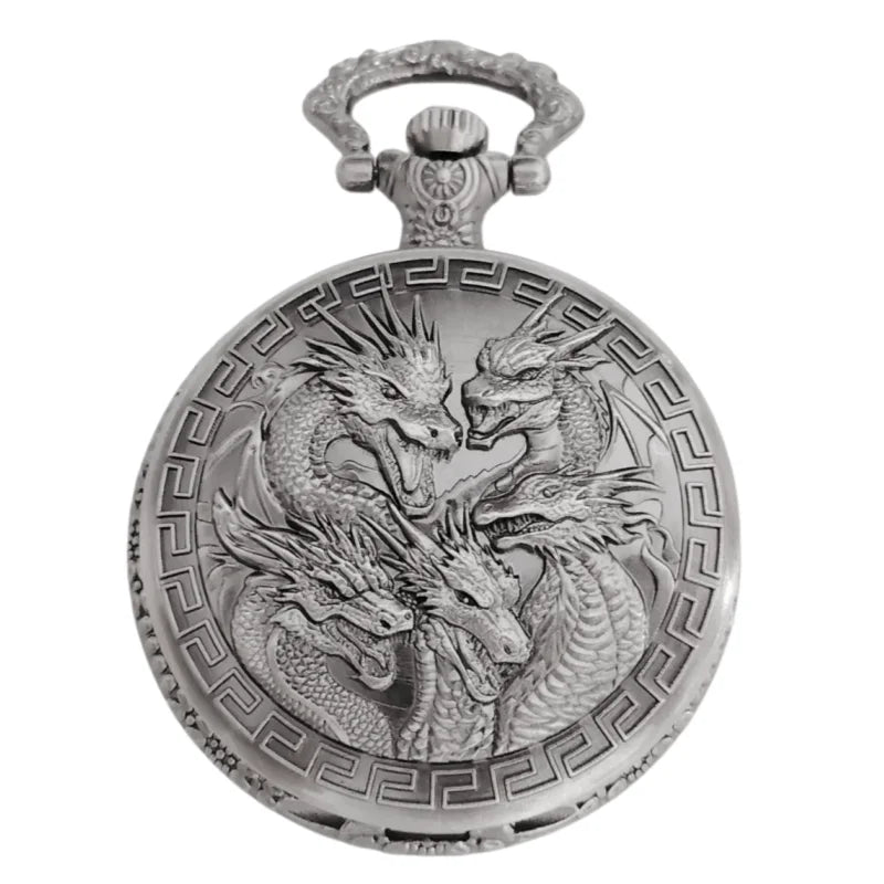 Vintage steampunk handsome dragon group carved quartz pocket watch necklace pendant clock chain men's and women's gifts Main image