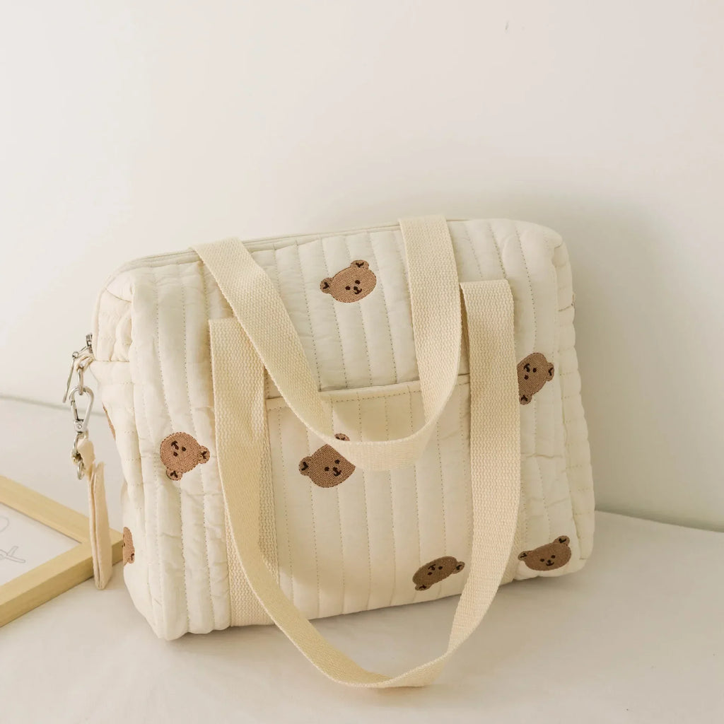 Cute Bear Baby Stroller Nappy Bag Korea Embroidery Cotton Mommy Bag Soft Maternity Shoulder Pack Portable Baby Diaper Organizer