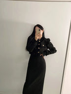 Beige Tweed Jacket + High Waisted Skirts Women Winter  Golden Button 2 Piece Sets Wool Luxury Vintage Skirts Sets Autumn