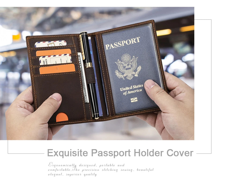 Retro Leather Passport Cover RFID Blocking For Cards Travel Passport Wallet Document Organizer Case With 1 Pen Holder Men Women