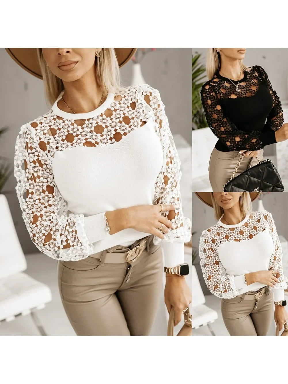 Women's Fashion Hollow Contrast Lace Splicing Shirt Ladies Temperament Long-Sleeved Shirt  Round Neck Blouse Secondary image