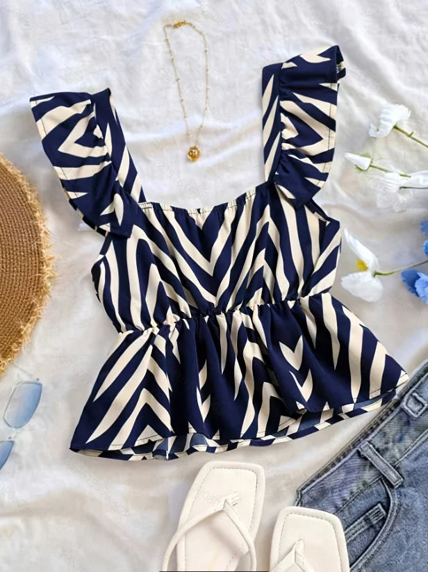 Blouses Shirts Square Collar Striped Women Blouse Shirt Fashion Summer Sleeveless Blouse Shirt Women Tops Camisas De Mujer Q3996 Secondary image