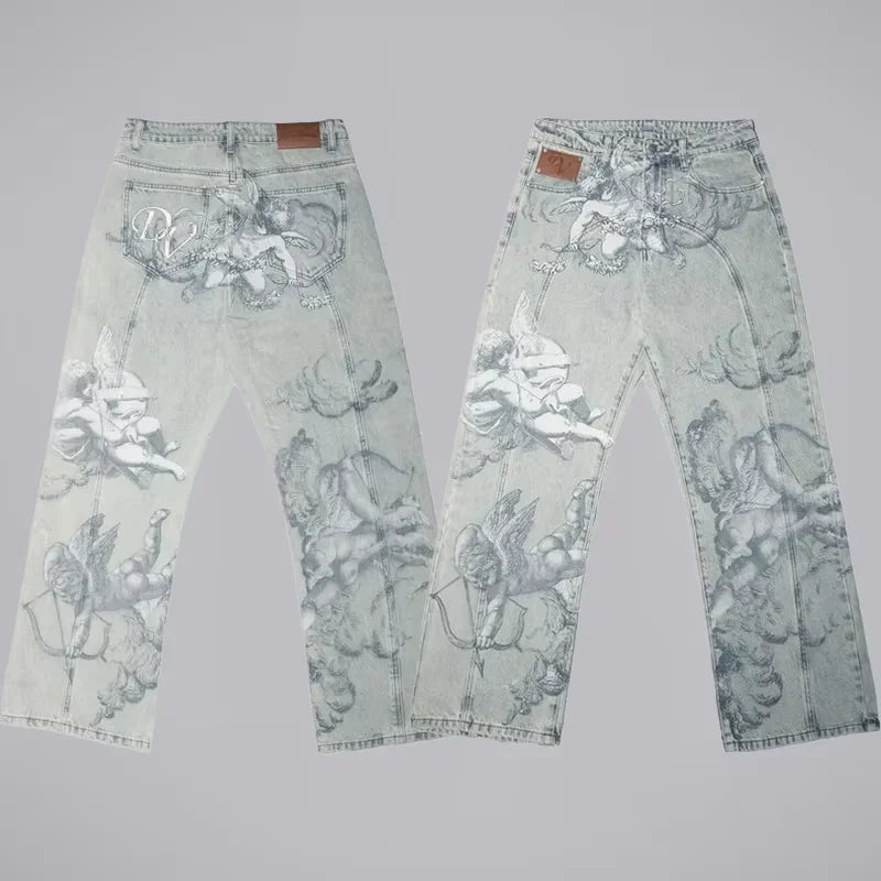 Y2K Black Washed Embroidered High-waisted Oversized Jeans Men European and American Retro Classic Loose Wide-leg Straight Pants