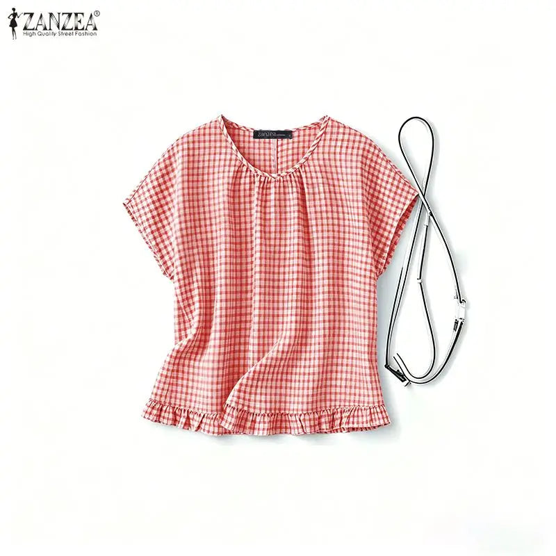 Women Summer Plaid Checked Blouse ZANZEA 2026 Fashion O Neck Short Sleeve Tops Casual Loose Holiday Shirt Elegant Work Blusas