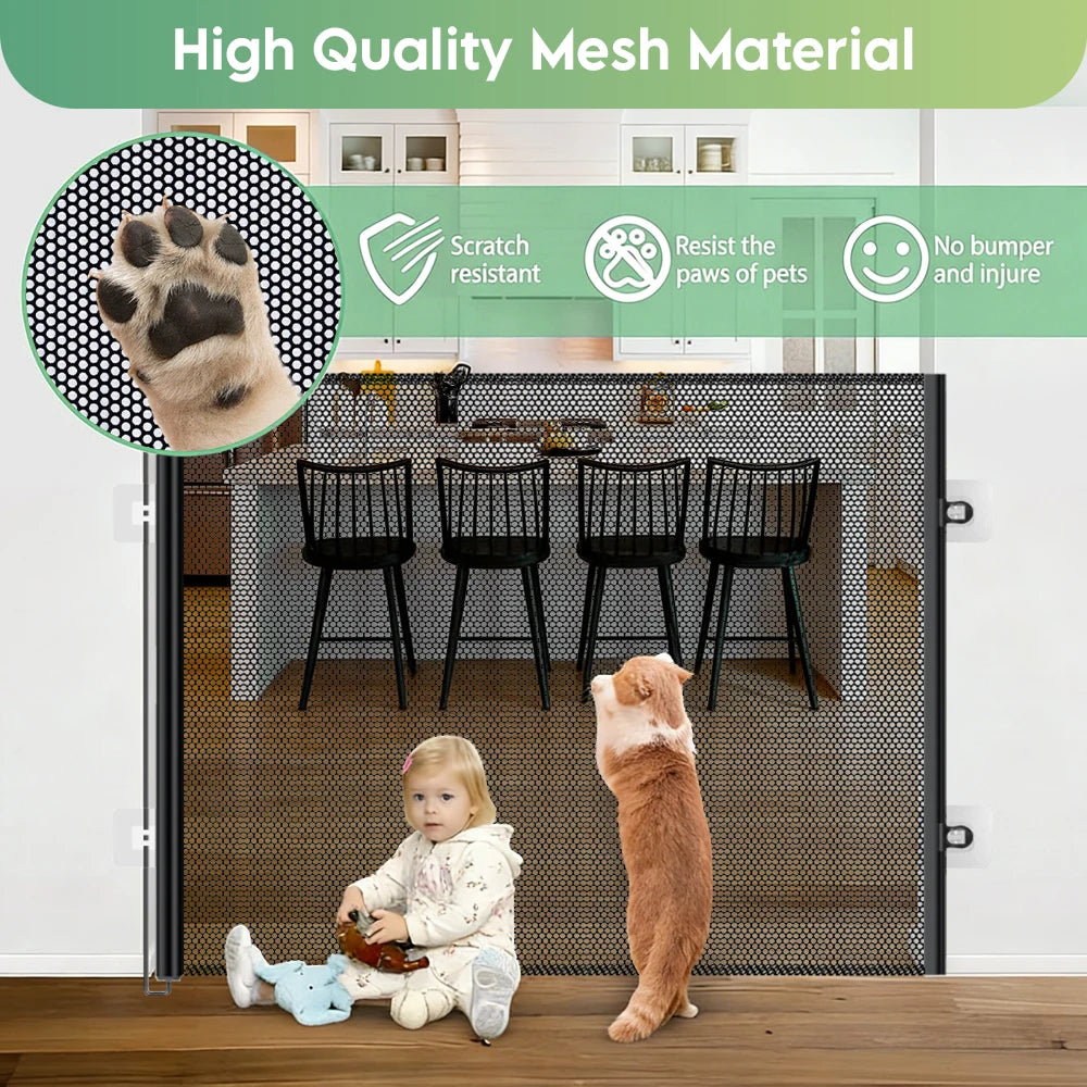 150×78cm Retractable Pet Gate Extendable Mesh Safety Barrier for Dogs Cats No Drill Installation Child Proof Gate Stairs Door