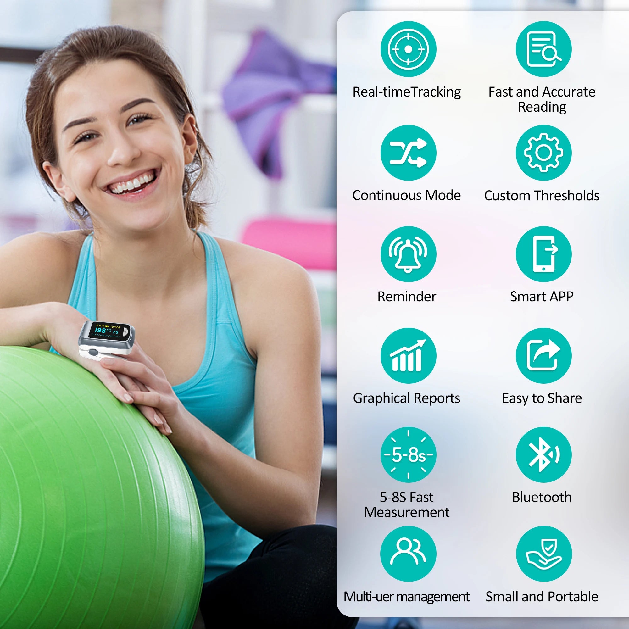 HealthTree Finger Pulse Oximeter Blood Oxygen Saturation SpO2 PI Oximetro De Dedo Pulsioximetro Oxymeter Bluetooth APP Control Secondary image