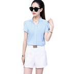 Women Casual Chiffon Shirt Summer Short Sleeve Elegant Blouse Female Formal Office Chiffon Tops Solid Color Loose Tops