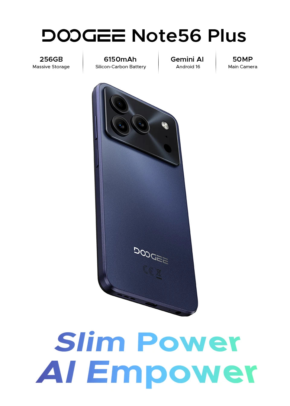 Global Version DOOGEE Note56 Plus Android 16 Smartphone 48GB+256GB 6150mAh Large Battery 6.56'' 90Hz Display 50MP Camera NFC