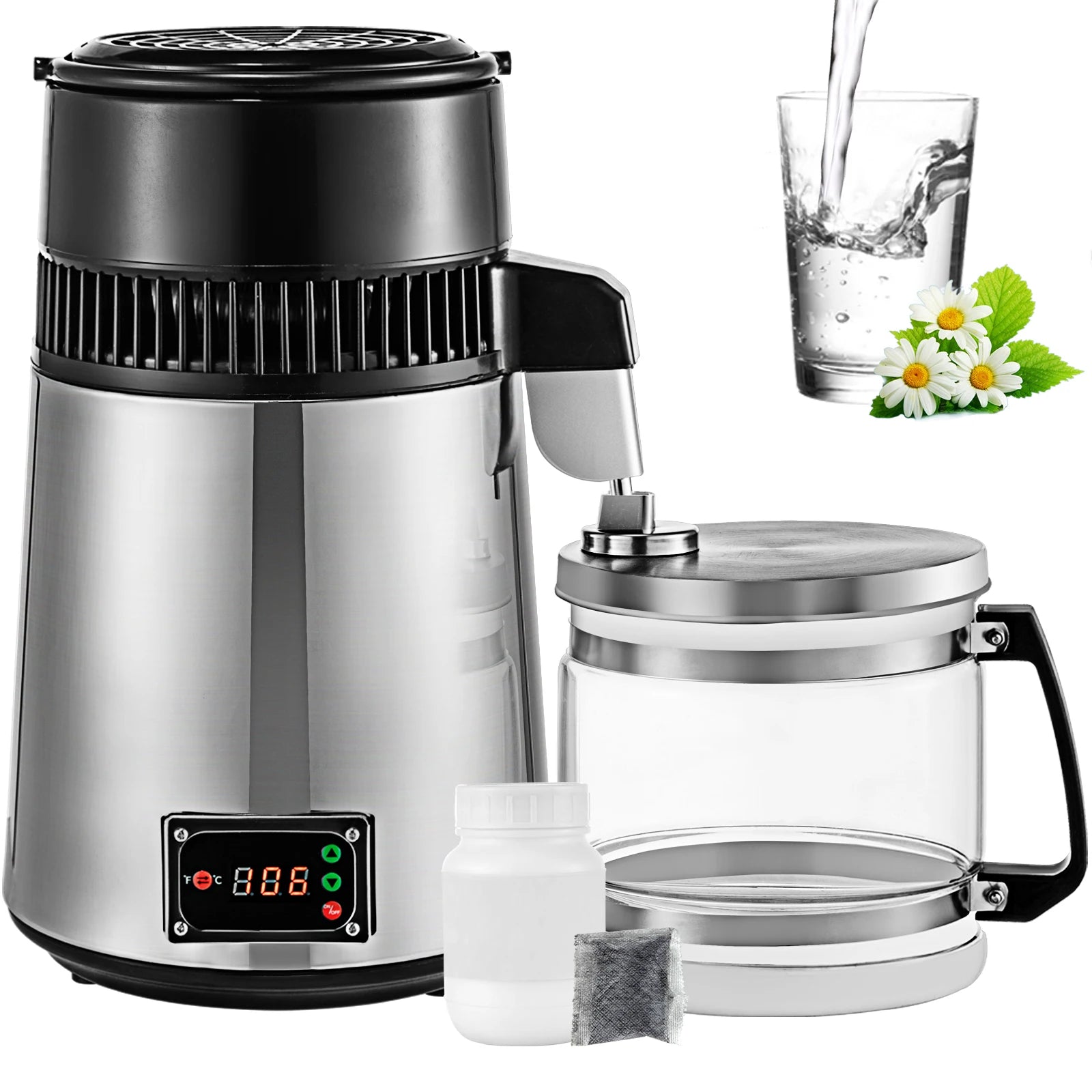 SucceBuy 4L Water Distiller Purifier Filter Dispenser Drinking Softener Dual Temp Display Overheat Protection Home Appliance