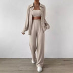 Plus Size Casual Loose Two-Piece Set Wide Leg Pants Long Sleeve Shirt Light Beige Street Style Elegant Quality Polyester Summ...