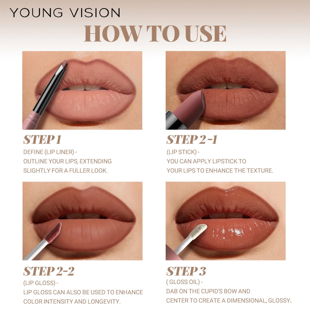 4pcs/Set Long Lasting Waterproof Lip Makeup Kit - Soft Smooth Creamy Lipliner Lipstick & lip gloss lip oil Set