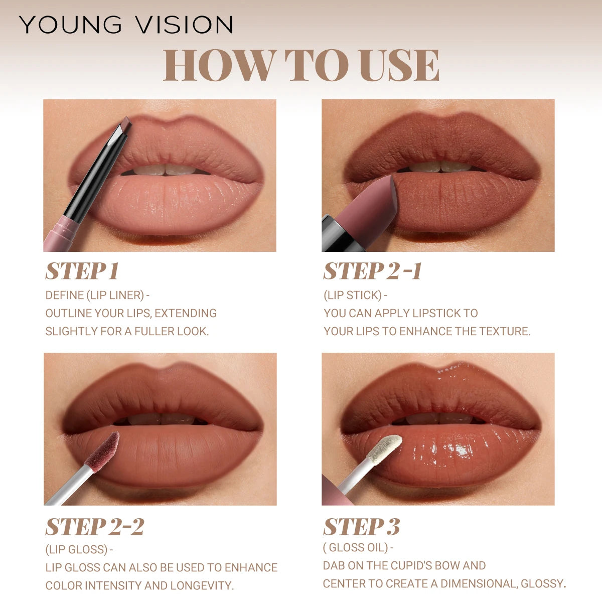 4pcs/Set Long Lasting Waterproof Lip Makeup Kit - Soft Smooth Creamy Lipliner Lipstick & lip gloss lip oil Set