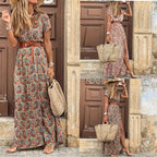 2024 Summer Bohemian Women's Long Dress V Neck Short Sleeve Floral Printed Beach Elegant Vintage Dress with Belt