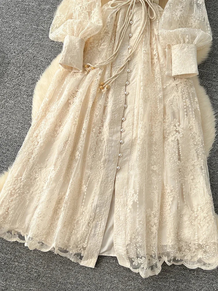 Spring Autumn French High-end Women's Dress New Lace Embroidery V-neck Lantern Sleeves Single Breasted Party Birthday Dress C192