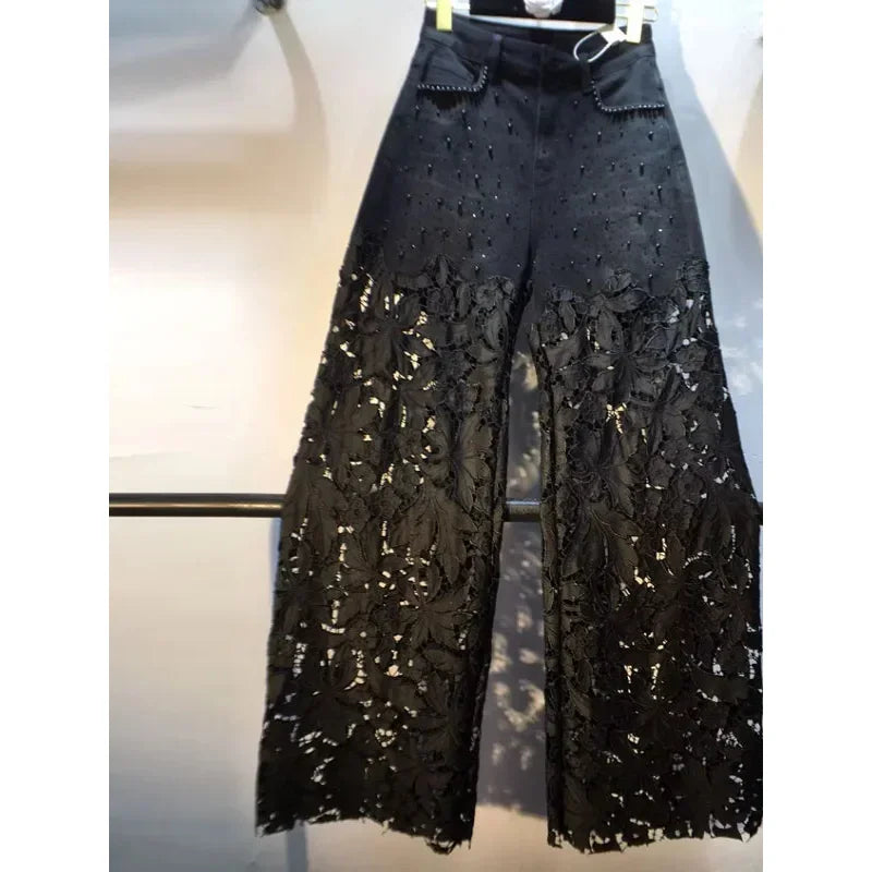 New Summer Denim Patchwork Hook Flower Hollow Lace Straight Leg Wide Leg Pants Casual High Waist Heavy Embroidery Rhinestone Main image