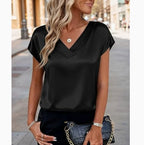 New  Summer Women Fashion Blouses Casual Solid Elegant Ladies V-Neck Short Sleeve Shirts Trendy Simple Loose Woman Satin Top