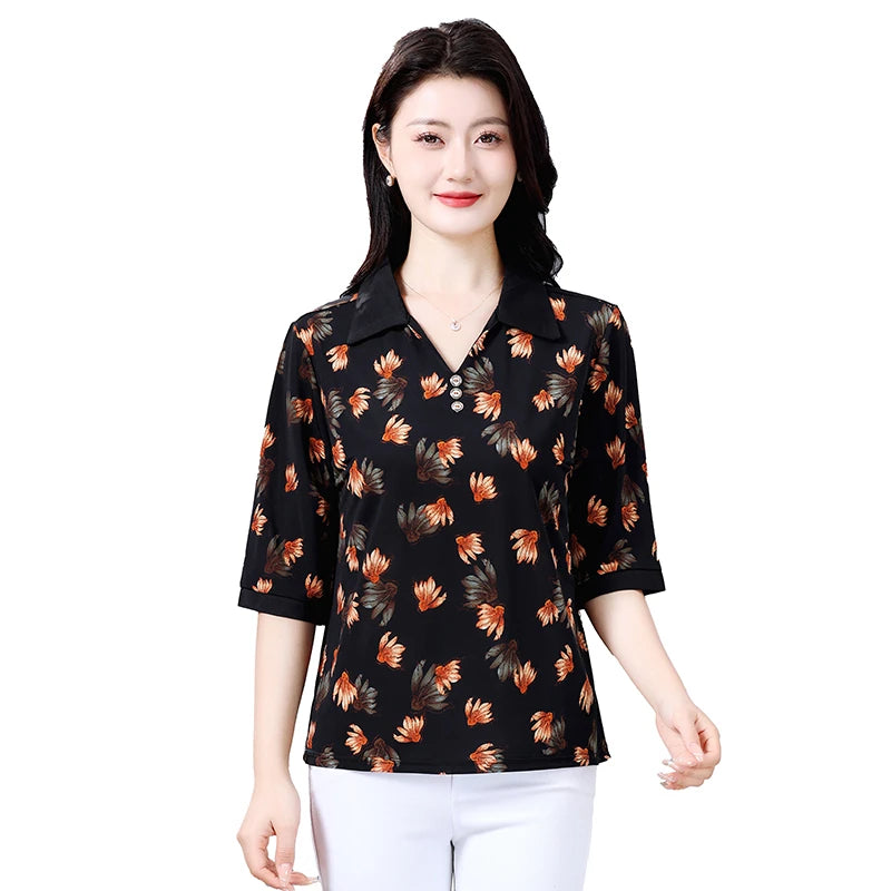 Summer half sleeve Shirt Fashion Commute All-match Ice Silk Printed Button Loose Women's Blouses Top