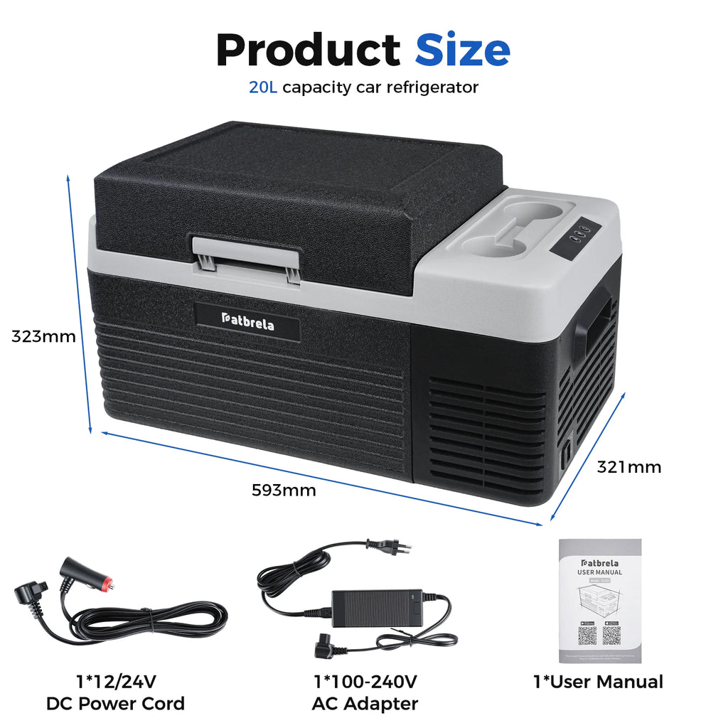 Patbrela 20L Car Refrigerator 12V Compressor Fridge 12/24V DC 100-240V AC Portable Compressor Cooler Box for Camping Travel with APP Camping Fridge