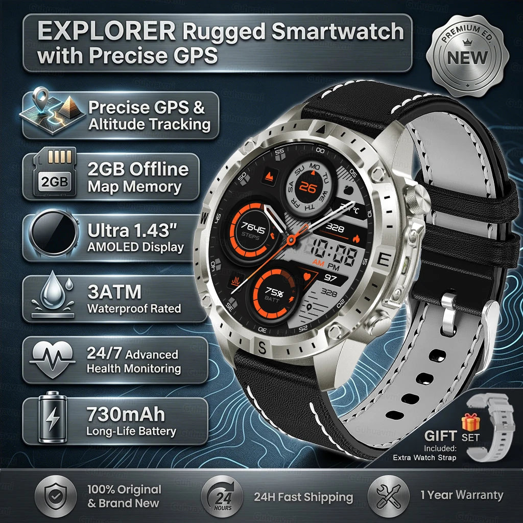 GPS Sports Smartwatch Men Women Swim Waterproof Fitness Tracker 2GB Memory Offline Maps  SpO2 Rugged Outdoor Smartwatch for Men