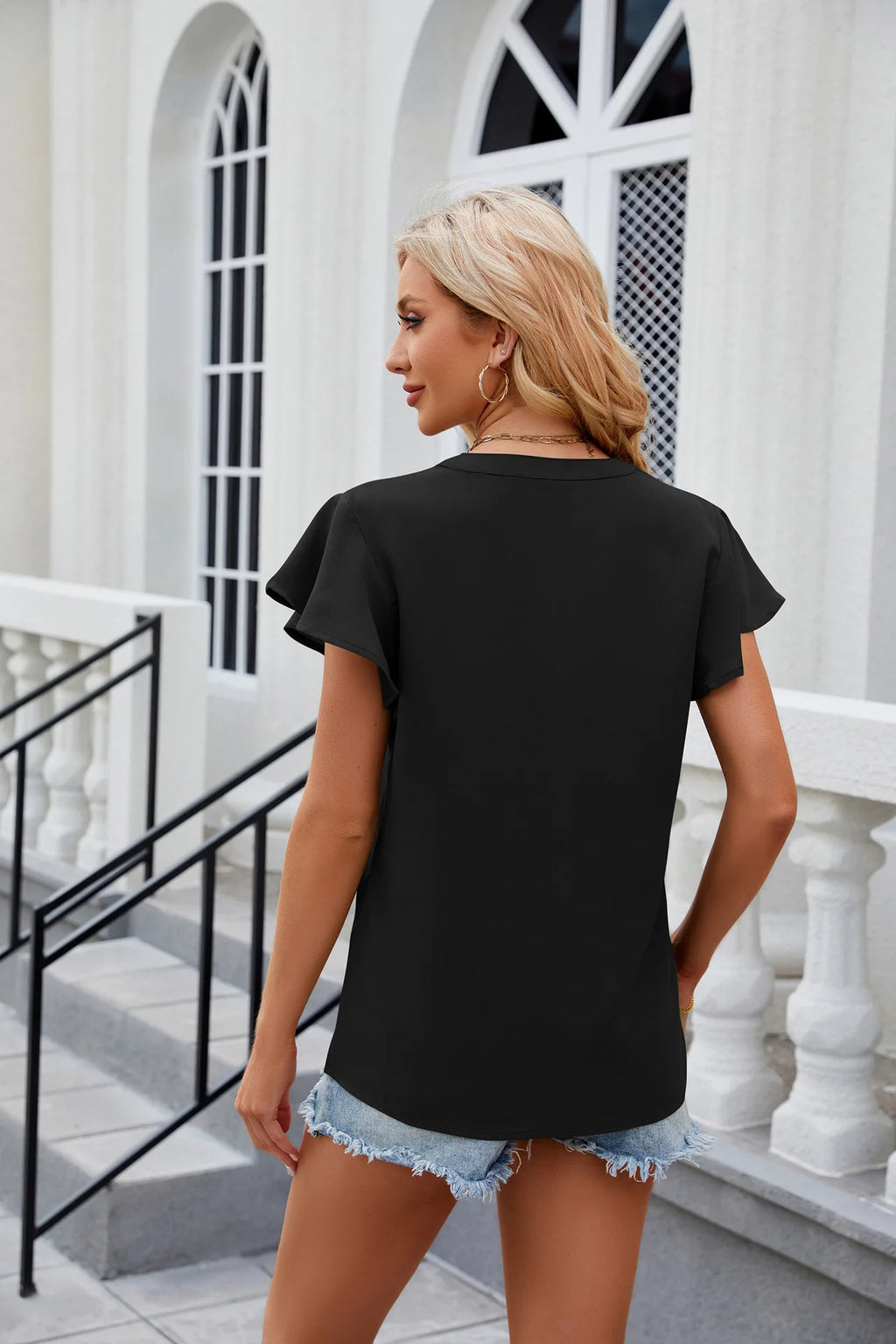 New Women V-Neck Loose Pullover Chiffon Shirts Elegant Fashion Solid Color Ruffles Female Blouse Summer Casual Short Sleeve Tops