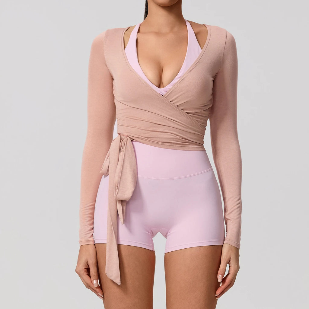 New Summer Women's Yoga Long Sleeve One Piece Strap Yoga Clothing Female Training Premium Ballet Wrap TopsWoman Gym Sports Top