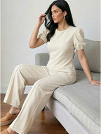 HH Women Elegant Beige Matching Set O Neck T-Shirt Solid Puff Sleeve Top Casual Lady Wide Leg Trousers High Street Chic Outfit