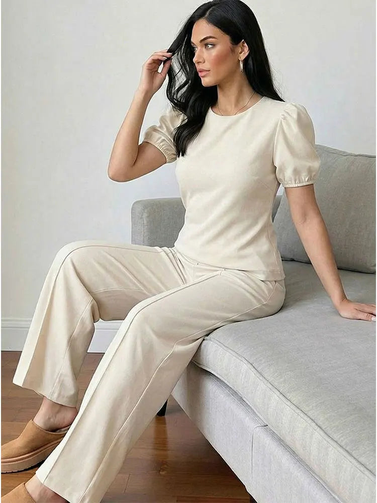 HH Women Elegant Beige Matching Set O Neck T-Shirt Solid Puff Sleeve Top Casual Lady Wide Leg Trousers High Street Chic Outfit