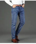 2024  Straight Regular Blue Stretch Denim Trousers Spring Autumn Men Classic Jeans Business Fashion Men's Smart Jeans