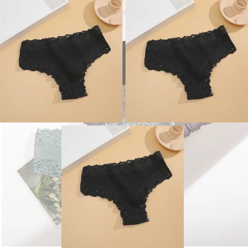 FINETOO 3Pcs Women Cotton Underwear Panties Sexy Lace Brazilian Briefs Low Waist Floral Solid Color G-string Breathable Lingerie