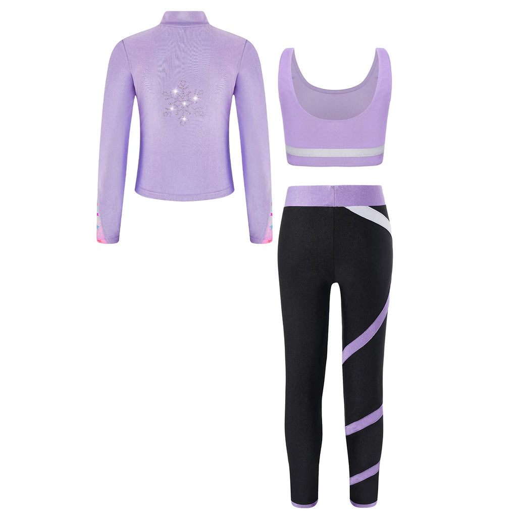 3Pcs Kids Girls Skating Athletic Fitness Workout Tracksuit Sleeveless Vest Top +Pants with Long Sleeve Zipper Sweatshirt Gym Set