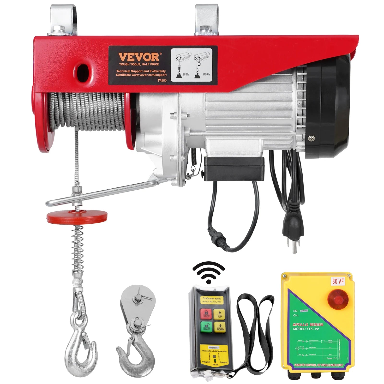 VEVOR 1320/1760/2200 lbs Electric Cable Hoist Winch with Wireless Remote Control & Emergency Stop for Garage Warehouse Lifting Main image