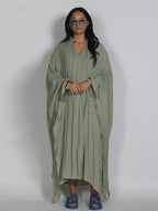 Maxi Dress Women's Dresses Batwing Sleeve Beige Ruffle Tie Neck Pleated Oversized Woman Clothes Casual Wear Summer Outfit