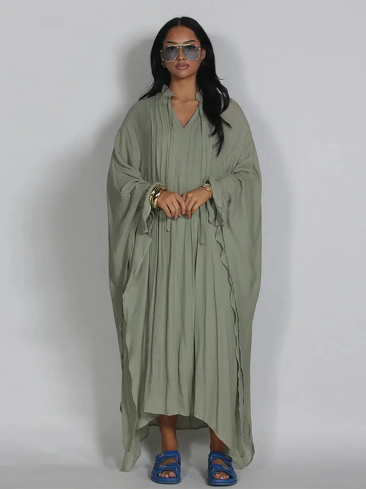 Maxi Dress Women's Dresses Batwing Sleeve Beige Ruffle Tie Neck Pleated Oversized Woman Clothes Casual Wear Summer Outfit