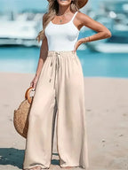 Vacation Style Wide Leg Pants Women's High Waist Elastic Drawstring Design Loose Dipping Straight Casual Beach Pants