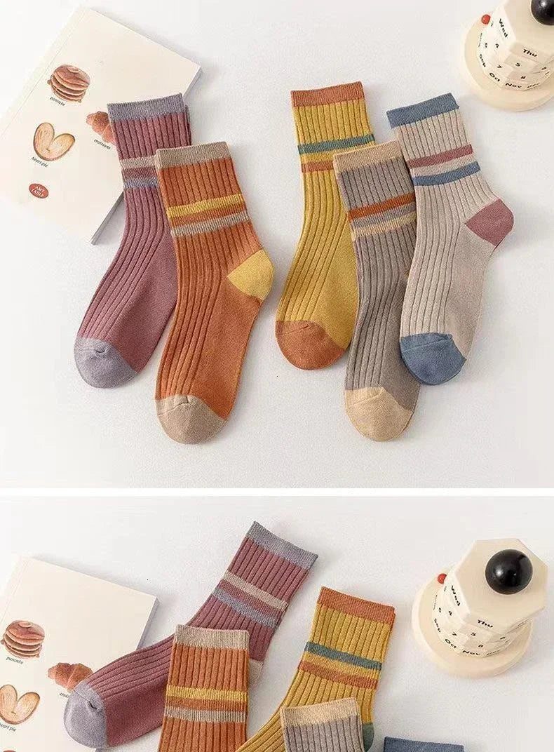 5 Pairs Striped Print Socks for Women Comfy Soft Mid Tube Socks Winter  Harajuku Funny Casual Sock Women's Stockings Hosiery