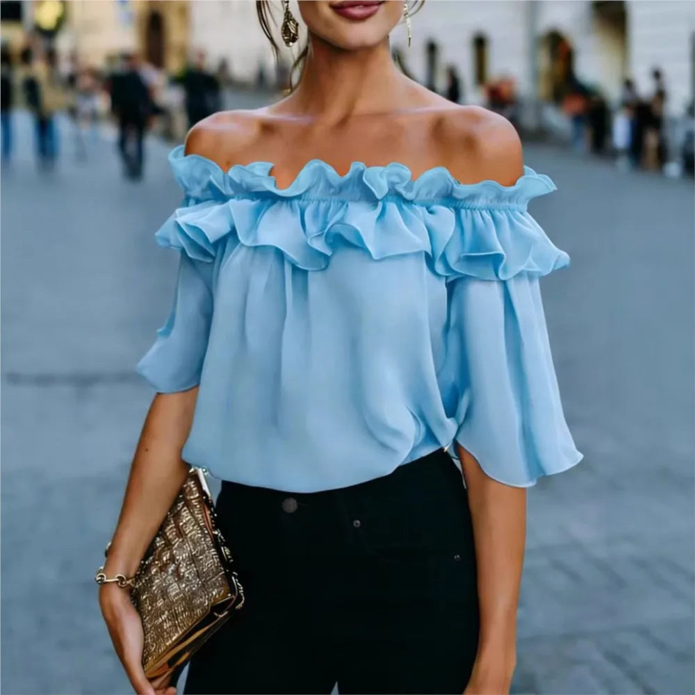 Fashion Ruffled Sexy One Shoulder Women's Short Sleeve Shirt Summer New Casual Loose Tops Female Elegant Versatile Office Shirt Main image