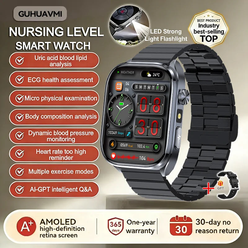 New Health Watch Uric Acid Blood Pressure Blood oxygen Body Analysis Body Fat SmartWatch ECG+PPG Bluetooth call Clock Women Men