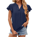 New Women V-Neck Loose Pullover Chiffon Shirts Elegant Fashion Solid Color Ruffles Female Blouse Summer Casual Short Sleeve Tops
