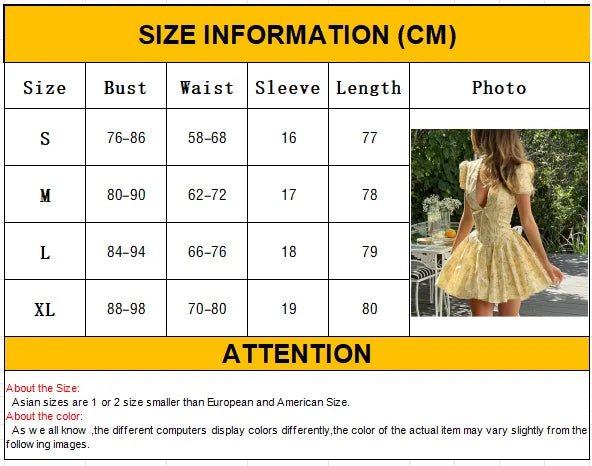 Vintage Floral Print Yellow Pleated Mini Dress Women Summer Puff Sleeve V Neck Party Beach Dresses Elegant Chic Y2K Vestidos