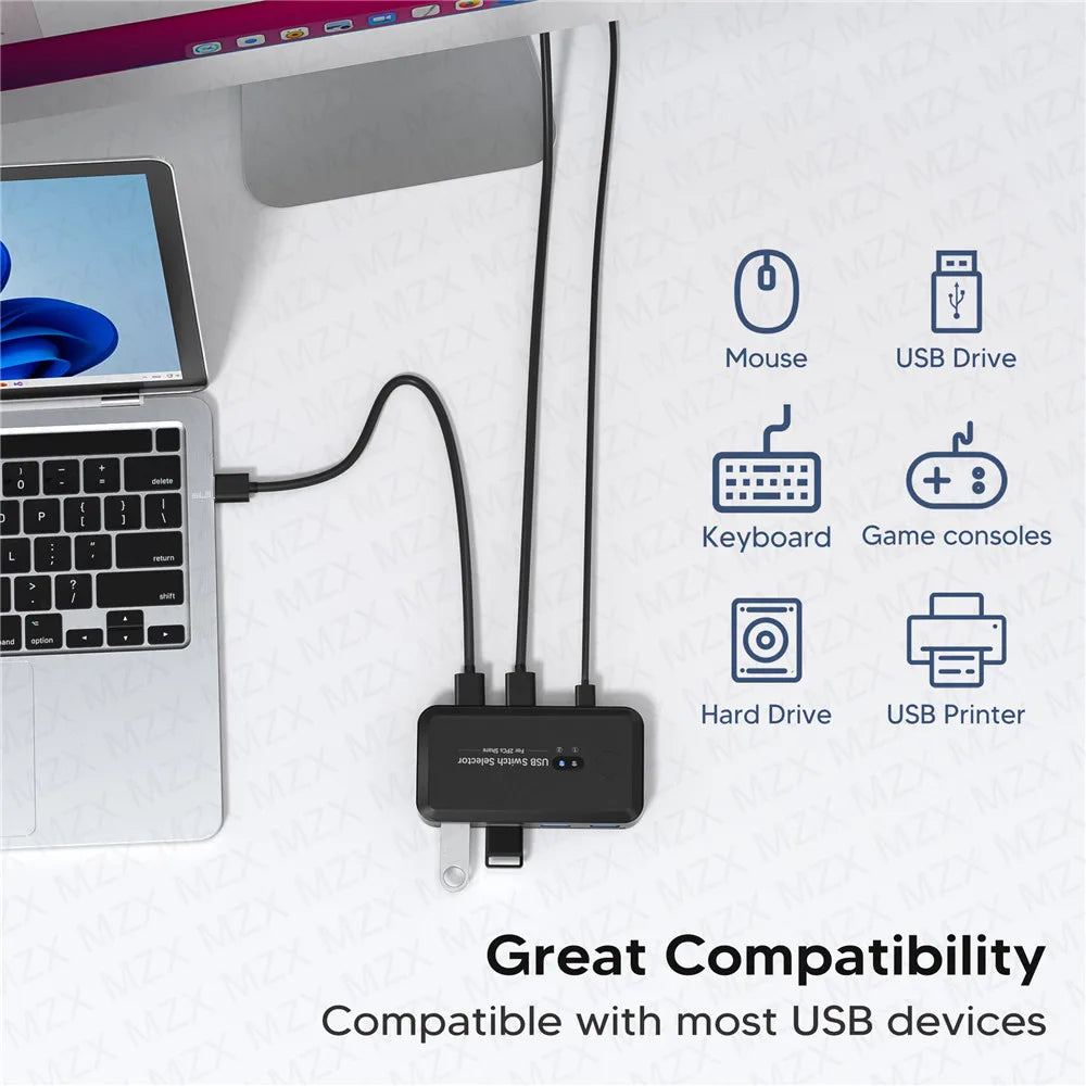 MZX USB 3.0 Switcher KM Switch Selector KVM Hub Docking Station 2 Computer Laptop PC Desktop Accessories Share Printer Keyboard
