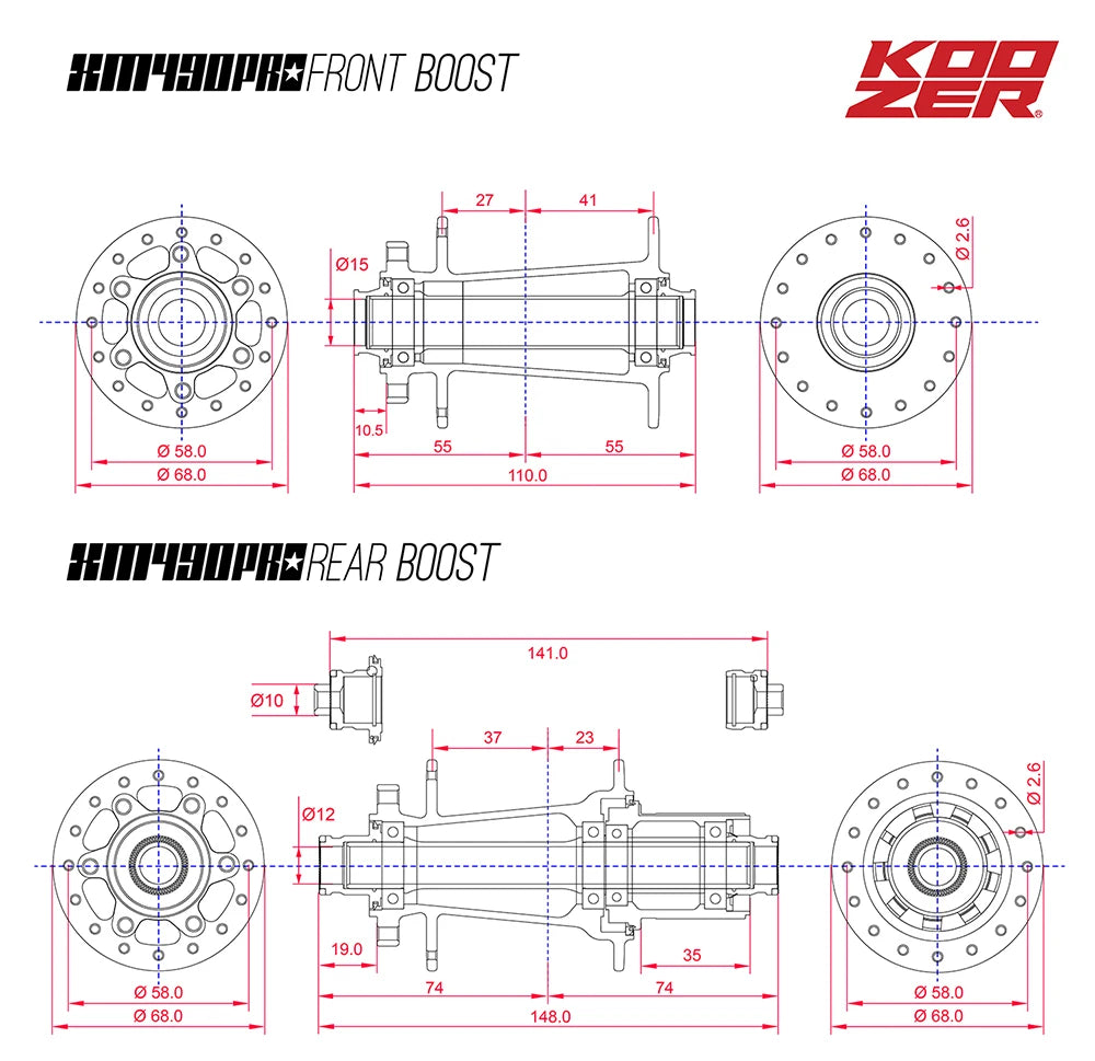 2024 KOOZER XM490 PRO BOOST Mountain Bike Hubs Steel shaft Sealed Bearing 148x12MM 110x15MM 141x5MM 28H 32 Holes Noise hub