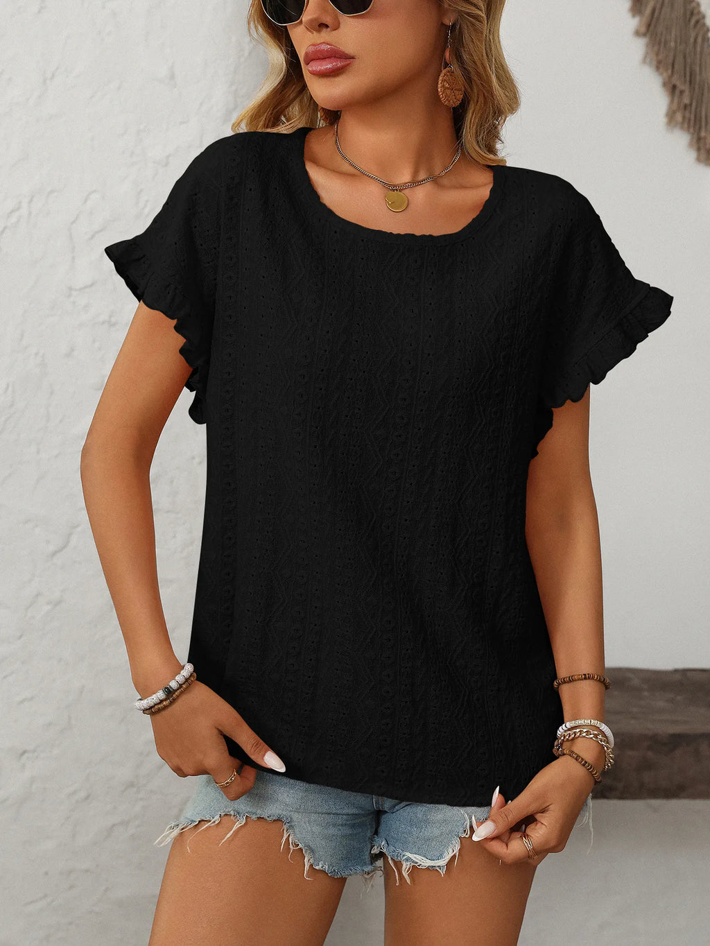 Solid Casual Loose Blouses For Women Fashion 2025 Summer Women's Hollow Short Sleeve Shirts And Blouses Elegant Female Blue Tops