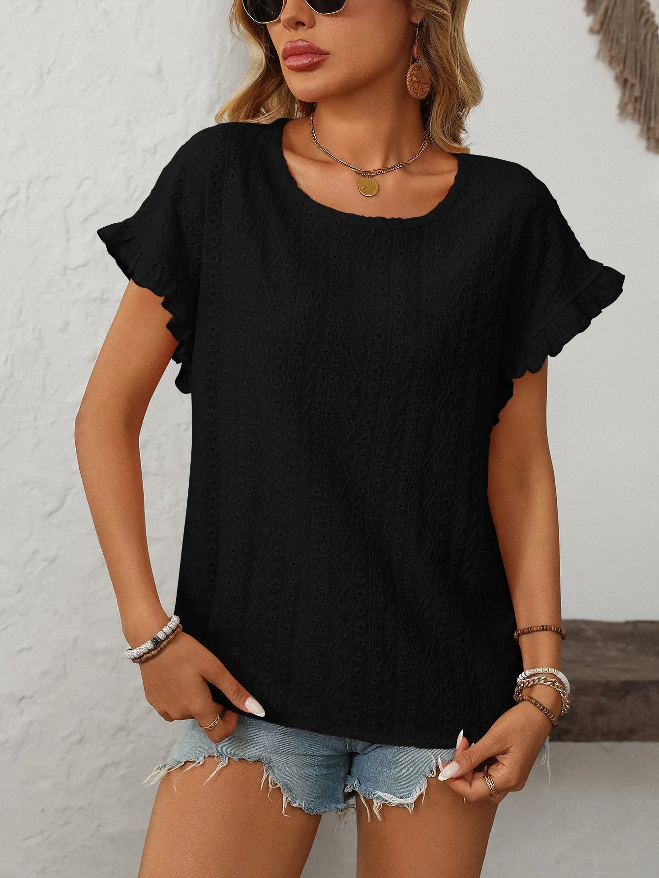 Solid Casual Loose Blouses For Women Fashion 2025 Summer Women's Hollow Short Sleeve Shirts And Blouses Elegant Female Blue Tops