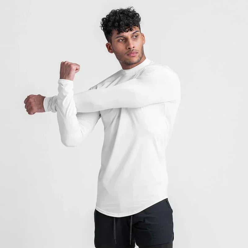 Plain Tight Absorb Sweat Elastic Shirts Gym Bodybuilding Fitness Turtleneck T-shirts Mens Long Sleeve Quick Dry Autumn Clothing