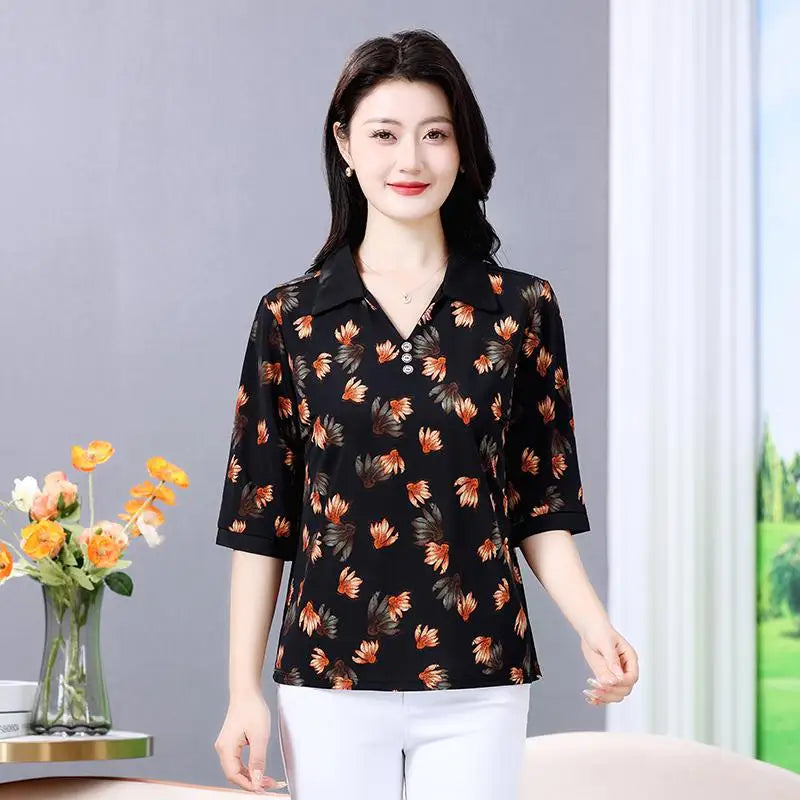 Summer half sleeve Shirt Fashion Commute All-match Ice Silk Printed Button Loose Women's Blouses Top