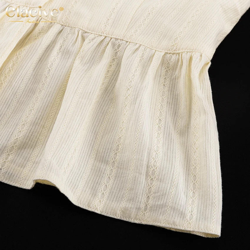Clacive Fashion Loose Beige Cotton 2 Piece Set Women Elegant Long Sleeve Shirt With High Waist Wide Pants Set Female Clothing