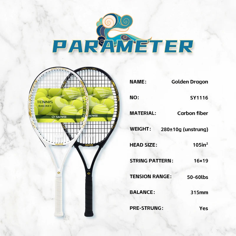 Golden-Dragon Carbon Fiber Tennis Racket For Adults, Ideal for Intermediate Training, Chinese Style Dragon, 50~60lbs, Free Gifts