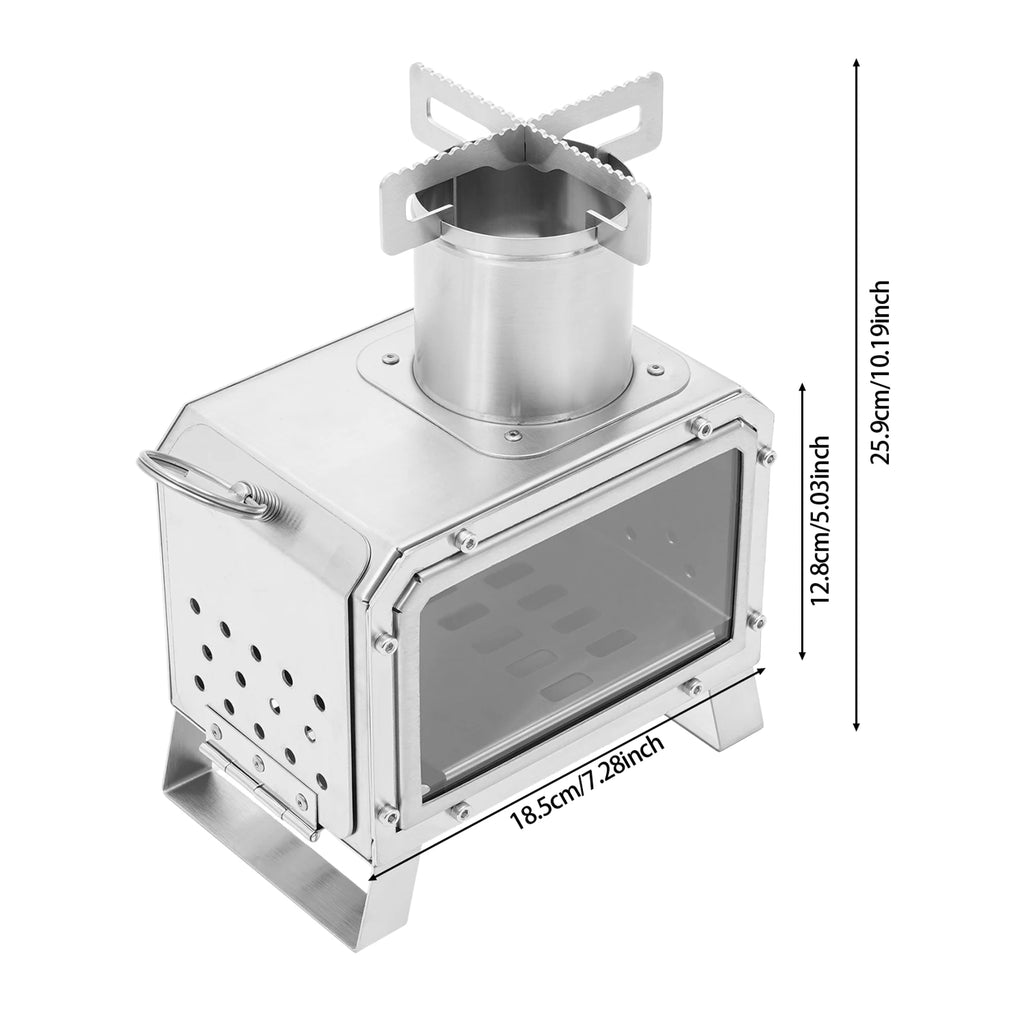 Portable Camping Wood Stove, Mini Stainless Steel Fire Pit for Outdoor Cooking, Hiking, BBQ, with Glass Window & Airflow Vents