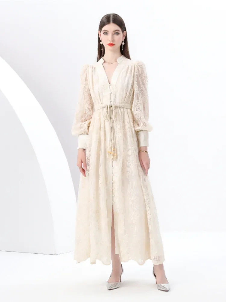 Spring Autumn French High-end Women's Dress New Lace Embroidery V-neck Lantern Sleeves Single Breasted Party Birthday Dress C192