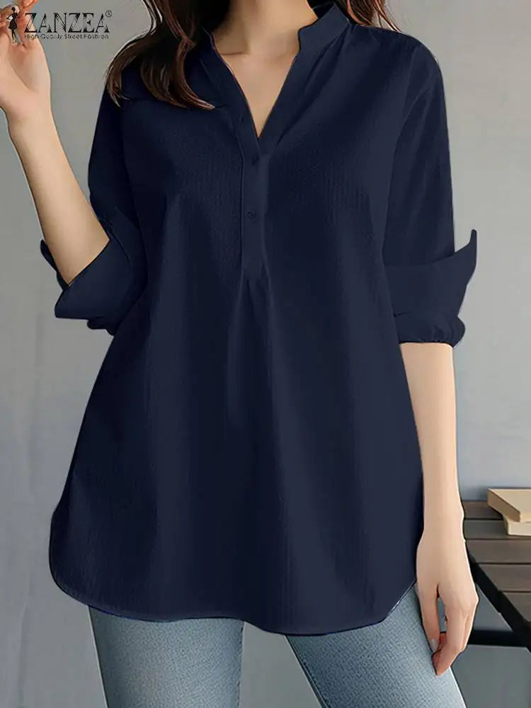 ZANZEA Women Fashion Whiter Shirts Casual Loose Button Down Blusas 2024 Summer Office Blouse Korean OL V-neck Long Sleeve Tunics